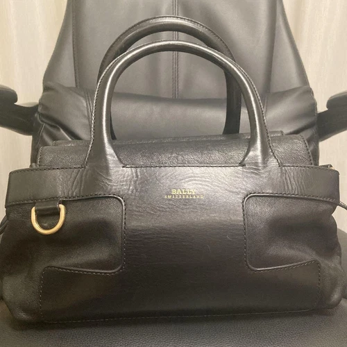 BALLY Handbag Shoulder Bag Engrave Logo Leather Black 0060527K Authentic - Afbeelding 1 van 8