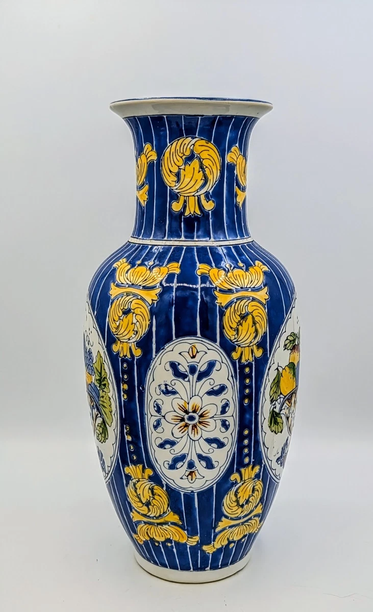 Vintage Chinese Porcelain Vase Blue Yellow Fruit Motif 12.5” Hand Painted
