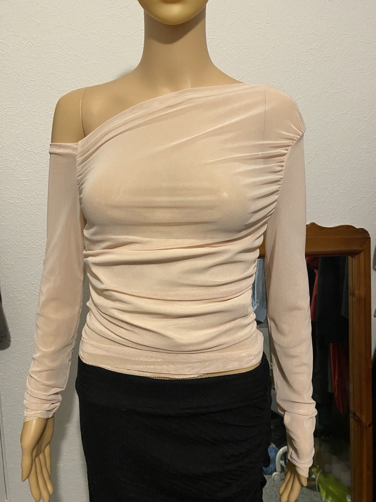 SHEIN Off Shoulder Mesh Tee in Light Dusky Pink Size Medium Ruched Sheer Top