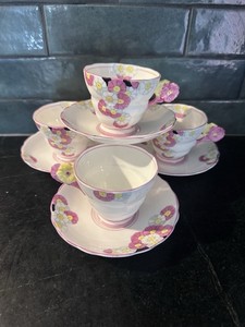 Art Deco 1930s Costwald Radford Fenton Pink Flower Handle Tea Cups And Saucers