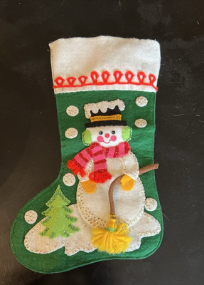 Bucilla Snowman w Broom Handmade Felt Sequin Christmas Stocking Completed