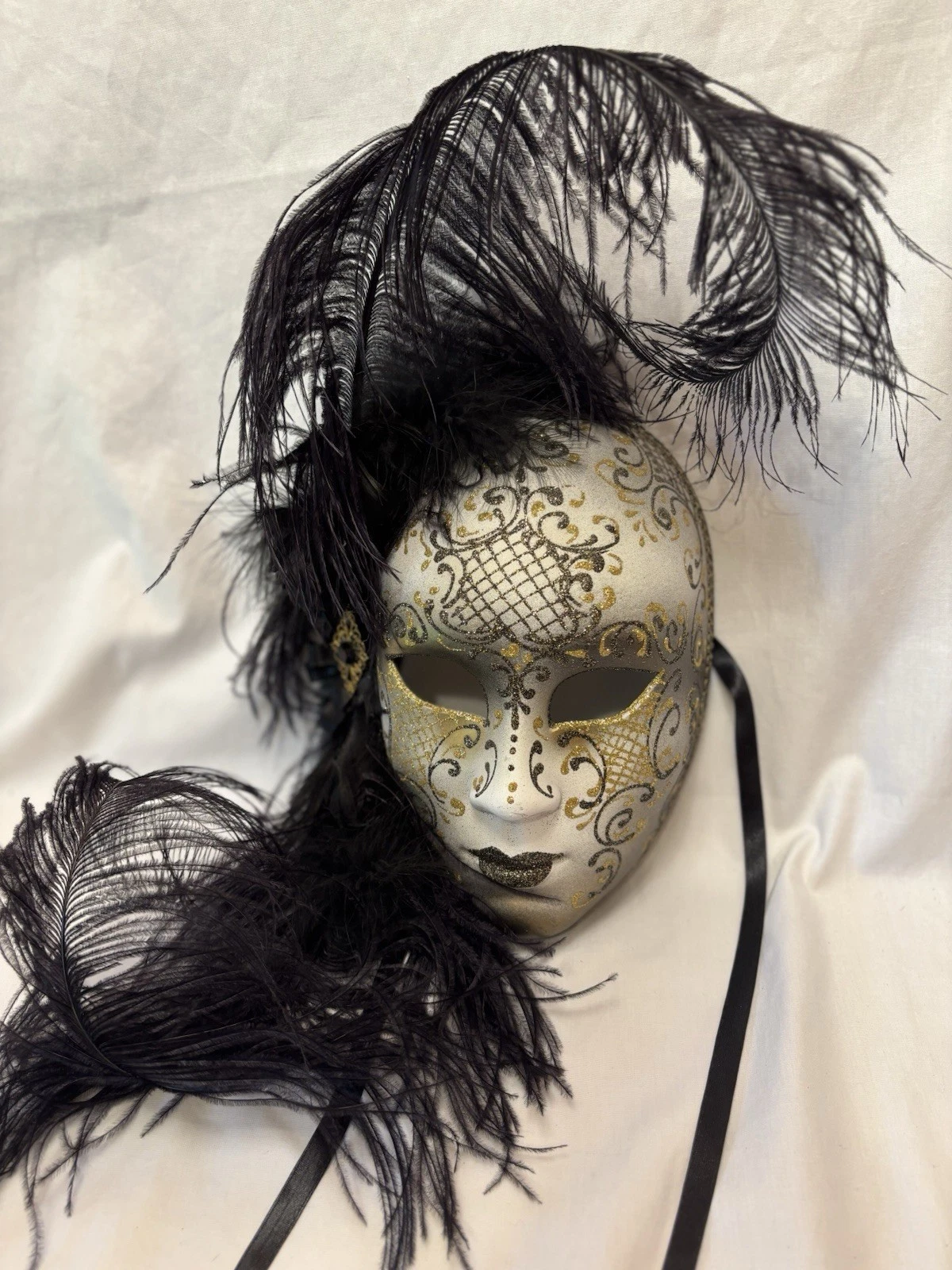 Venetian Luxurious Full Face Mask Black &Gold Filigree Black Feathers