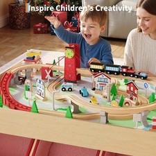 92 Pieces Train Table,Wooden Train Set Table with 3 Storage Bins Kid Toys Gift