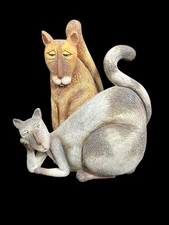 Vtg Marsha McCarthy Signed Cat x2 Sculpture 10" Resin Gold Gray, Blue Green Eyes