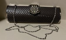 Evening Clutch/Bag With Rhinestone Silver Tone Clasp Hard Shell Brown Black New