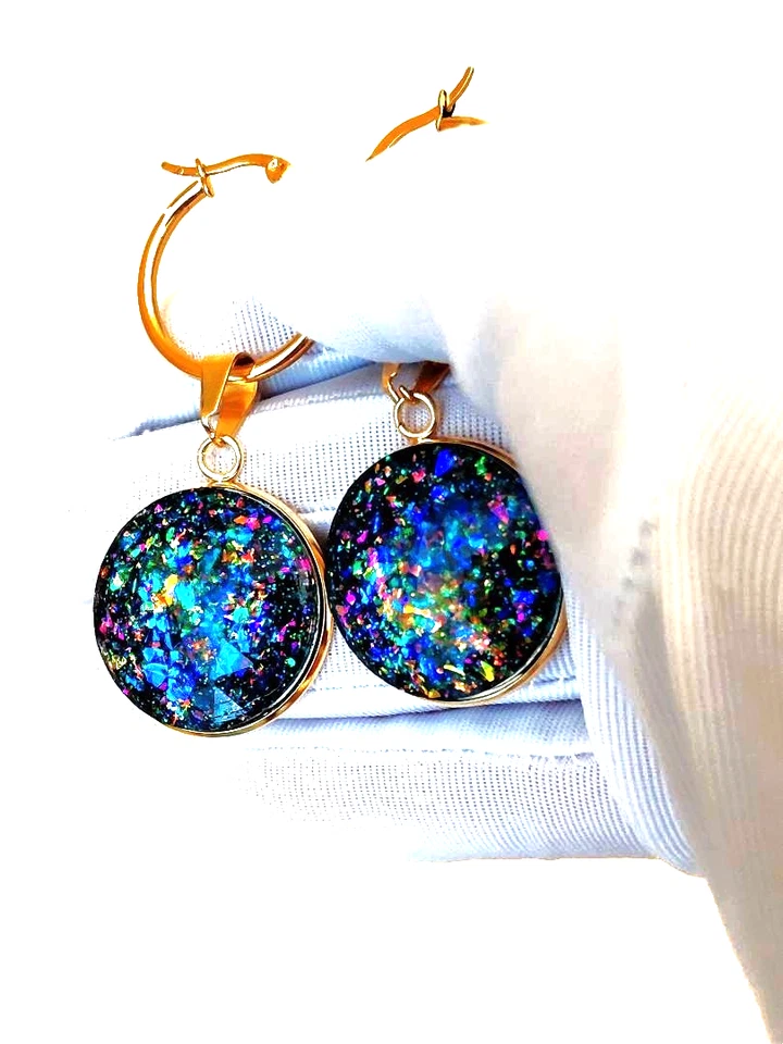 Pendientes de ópalo: ópalos de resina de fuego joya 25 mm: acero inoxidable sin halo de oro Foto 3 de 4