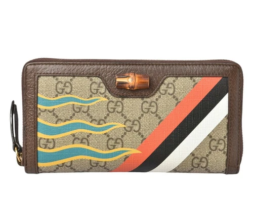 Gucci Diana Portefeuille Long Cuir Bambou GG Supreme Marron Beige Zip Autour
