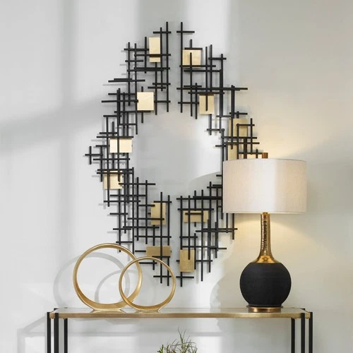 UTTERMOST 4305 REFLECTION MATTE BLACK GOLD LEAF OVERLAPPING IRON GRID WALL DECOR - Picture 2 of 6
