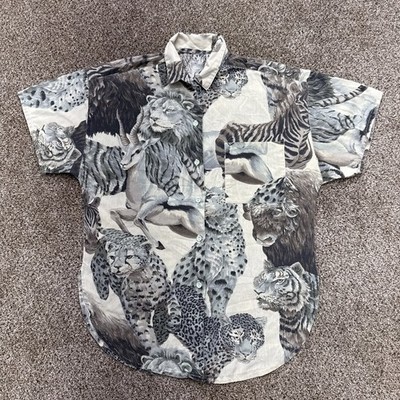 Womens Safari Animal Print Button Up Shirt Lion Zebra Cheetah Size L/XL