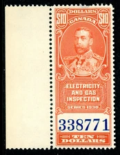 Canada 1930 KGV $10.00 Vermillion Gas & Electric Revenue Scott #FEG 10 MNH I446