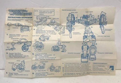 Original 1984 Hasbro Transformers G1 Devastator Assembly Instructions Sheet