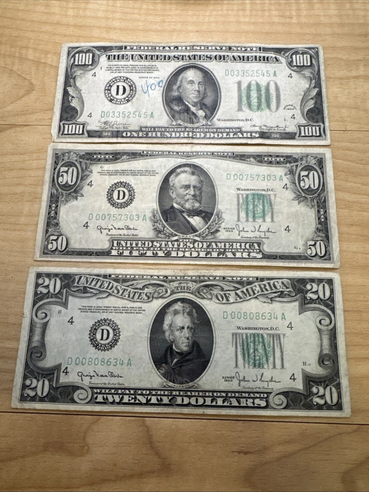 1934 D 100 Dollar, 1950 D 50 Dollar, 1950 D Dollar Bills Federal Reserve Notes! - Image 2 of 4
