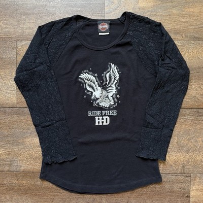 VTG Y2K Womens XL Black Harley Davidson Lace Longsleeve Ride Free Sparkle Top