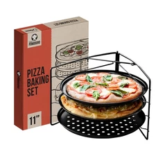 Chef Pomodoro Pizza Baking Set with 3 Pizza Pans and Pizza Rack, (11-Inch Pan...
