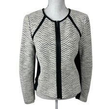 Rebecca Taylor Women's Fitted 19 Tweed Zip Blazer Black  Creme Faux Leather