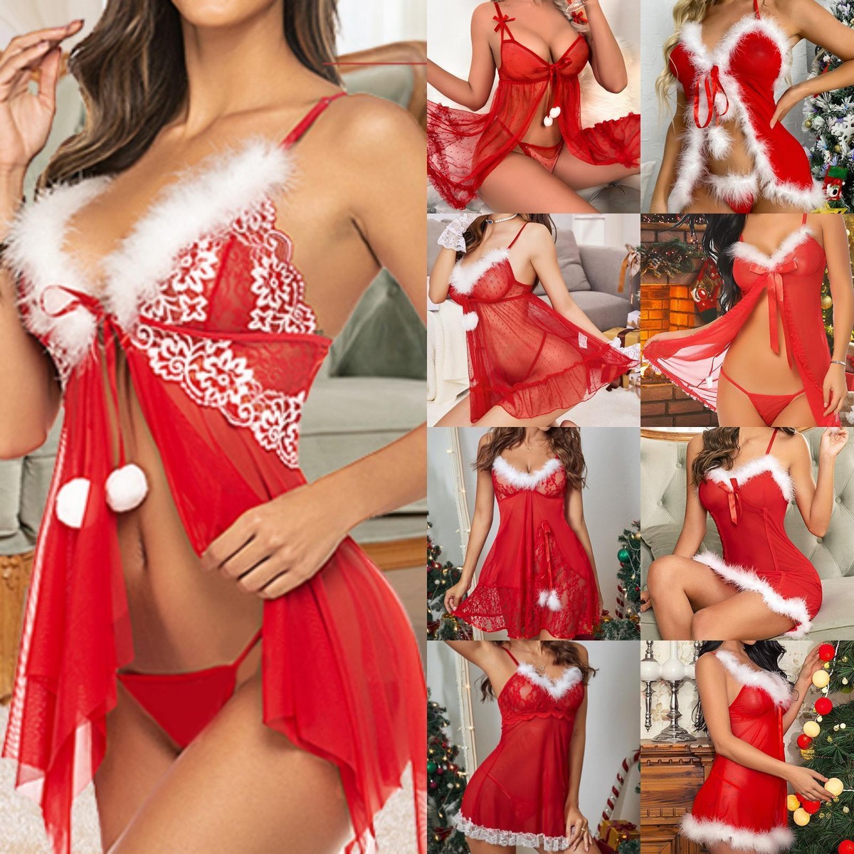 Women Sexy-Lingerie Set Valentine Lace Robe Mrs Claus Babydoll Panties  Underwear
