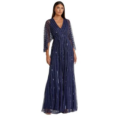 mac duggal blue and gold dress Batwing Sleeve Embellished Gown Stripe Navy Size 16 NWT RS25D3
