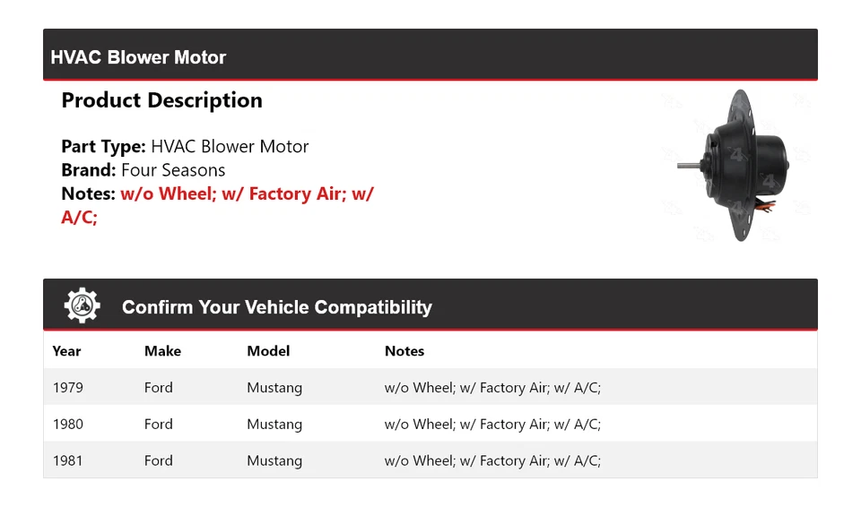 Motor soplador de climatización para Ford Mustang 1979-1981 4 estaciones 1980 Foto 2 de 4