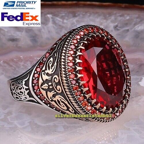 Turkish Handmade 925 Sterling Silver Jewelry Ruby Luxury Men's Ring All Sizes 