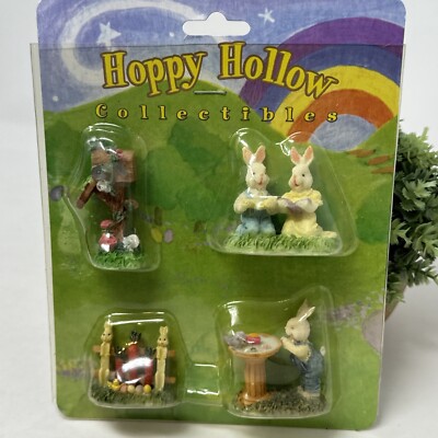 Pack Of 4 NEW Hoppy Hollow Bunnies Reading, Mailbox, Fence, Bird Bath Village
