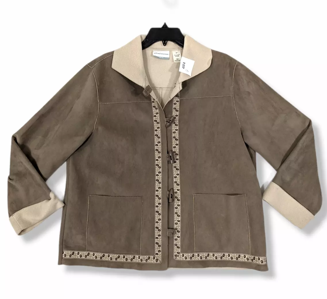 Alfred Dunner Faux Suede Jacket Womens 14 Petite Beige Toggle