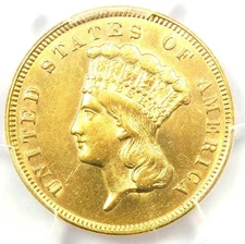1874 Three Dollar Indian Gold Coin $3 - PCGS Uncirculated Detail (UNC MS) - Rare