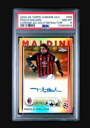 Topps 2024-25 Chrome UCC Paolo Maldini CA-PM Gold Refractor Auto /50 PSA 8