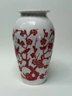 Vintage Anchor Hocking 9" Vase Red Birds Cherry Blossoms Milk Glass