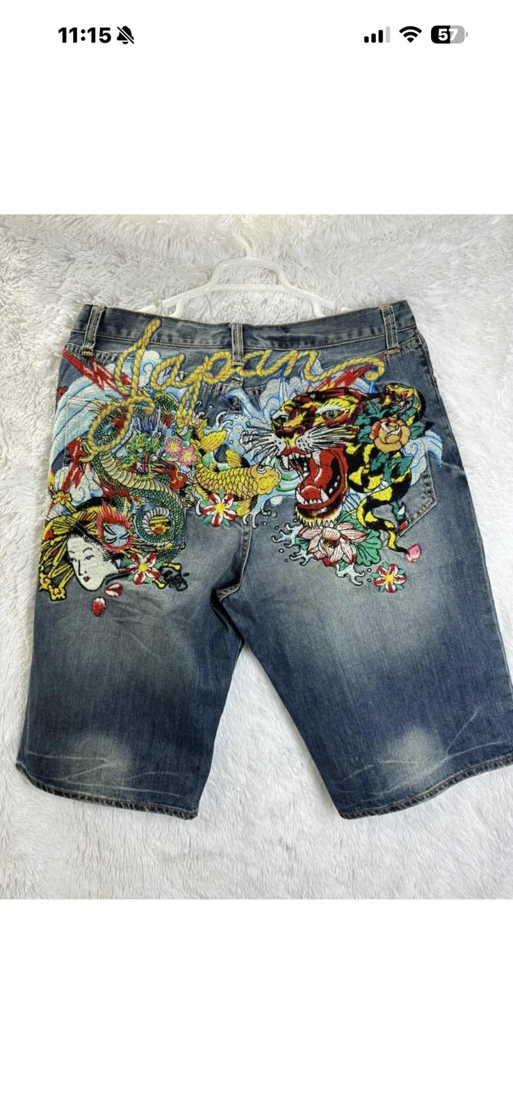 Ed Hardy Blue Denim Shorts 36 Japan Dragon Koi Fish Tiger Embroidered Y2K