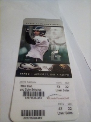 PHILA. EAGLES Vs JACKSONVILLE JAGUARS NFL ''SUITE'' GAME TICKET AUGUST 27, 2009