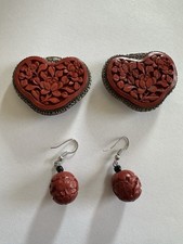 Vintage 4 Piece Chinese Hand- Carved Cinnabar Belt Buckle And Earrings