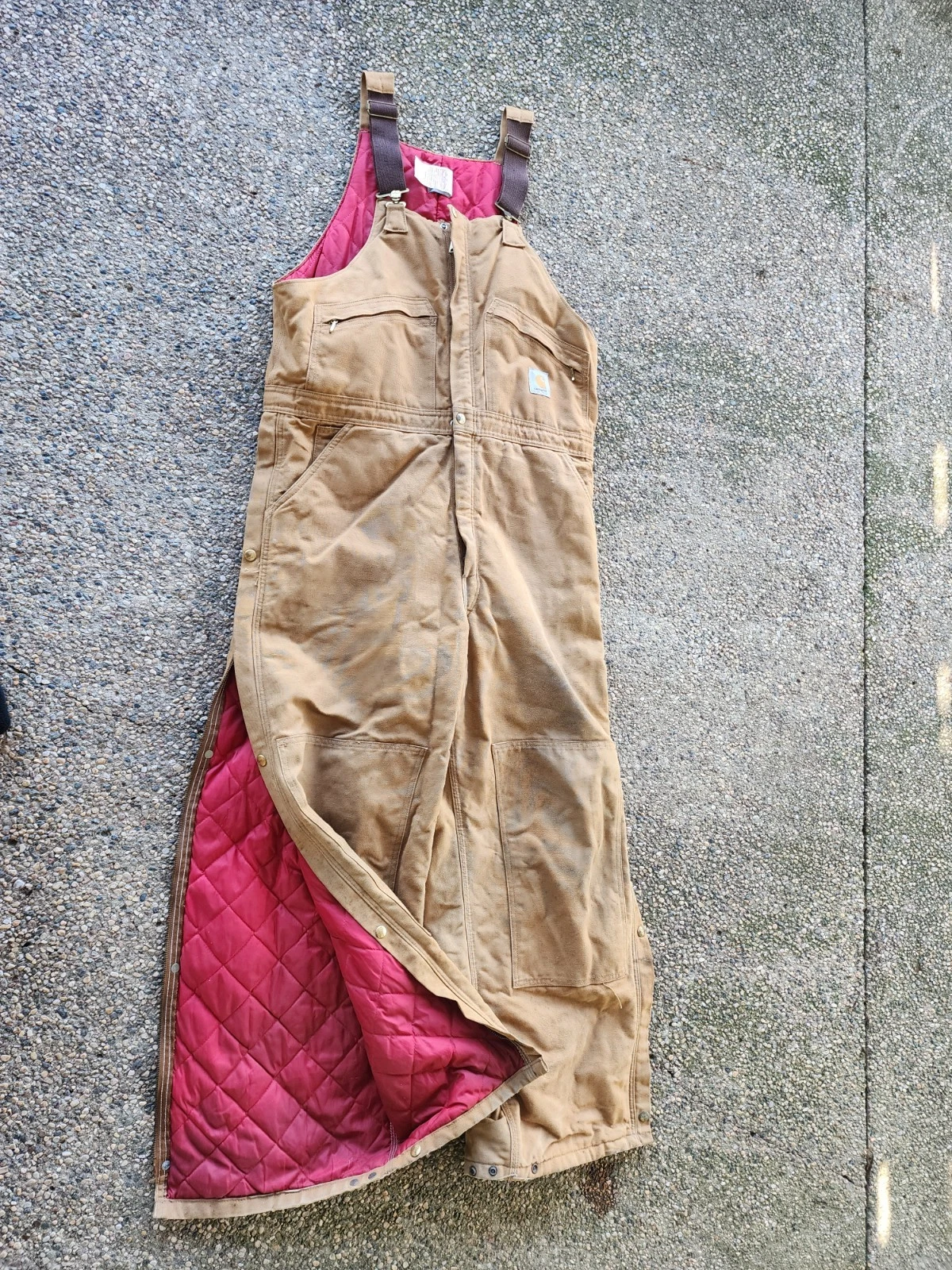 Carhartt Duck Canvas Bib Overalls Quilt Lined Size 42x30 Bib Workwear R04 BRN