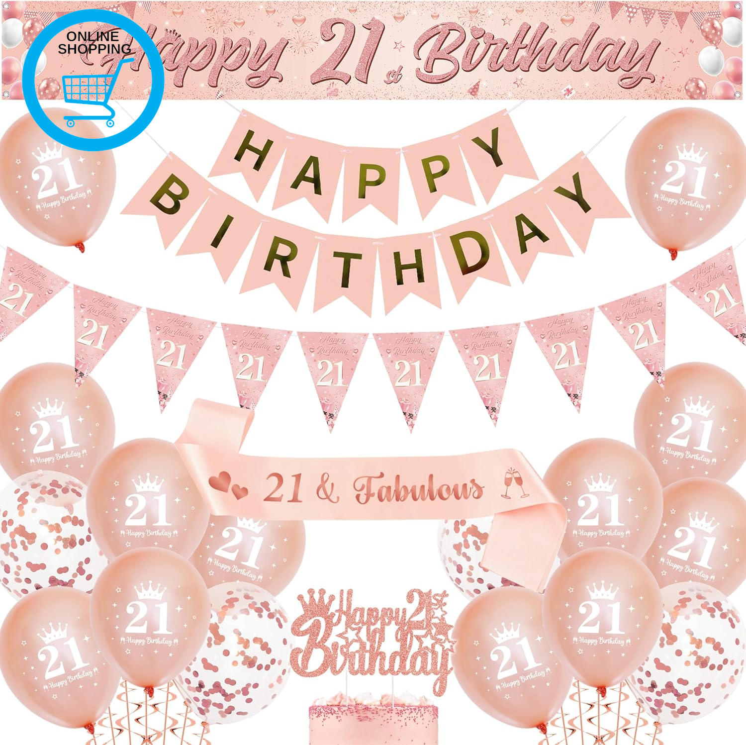 21St Birthday Decorations Banner for Her - Rose Gold Party Balloons Set with Pen