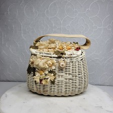 VTG Handmade Floral Wicker Nantucket Basket Purse White Ribbon Handle