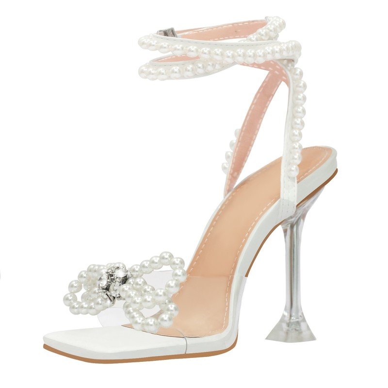 Women's Open Toe Strappy High Heel Sandals Pearl Decorate Pump Shoes US9