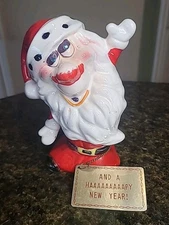 VTG KREISS & CO Psycho Drunk Santa Claus Jeweled Eyes Metal Tag HAPPY NEW YEAR