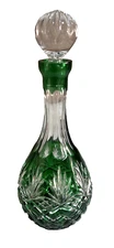 Ajka Green Crystal Cut to Clear Decanter 14” Bohemian Crystal Mint