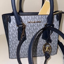 New Michael Kors Kris MK Logo Signature Satchel Small Crossbody Blue Gold $298