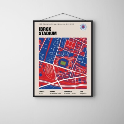 Rangers FC A4 Druck - Ibrox Stadion Karte Poster Geschenk, gerahmt oder ungerahmt