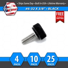 #6-32 x 3/8" Thumb Screw Stainless Steel - Black Round Knurled Knob - USA