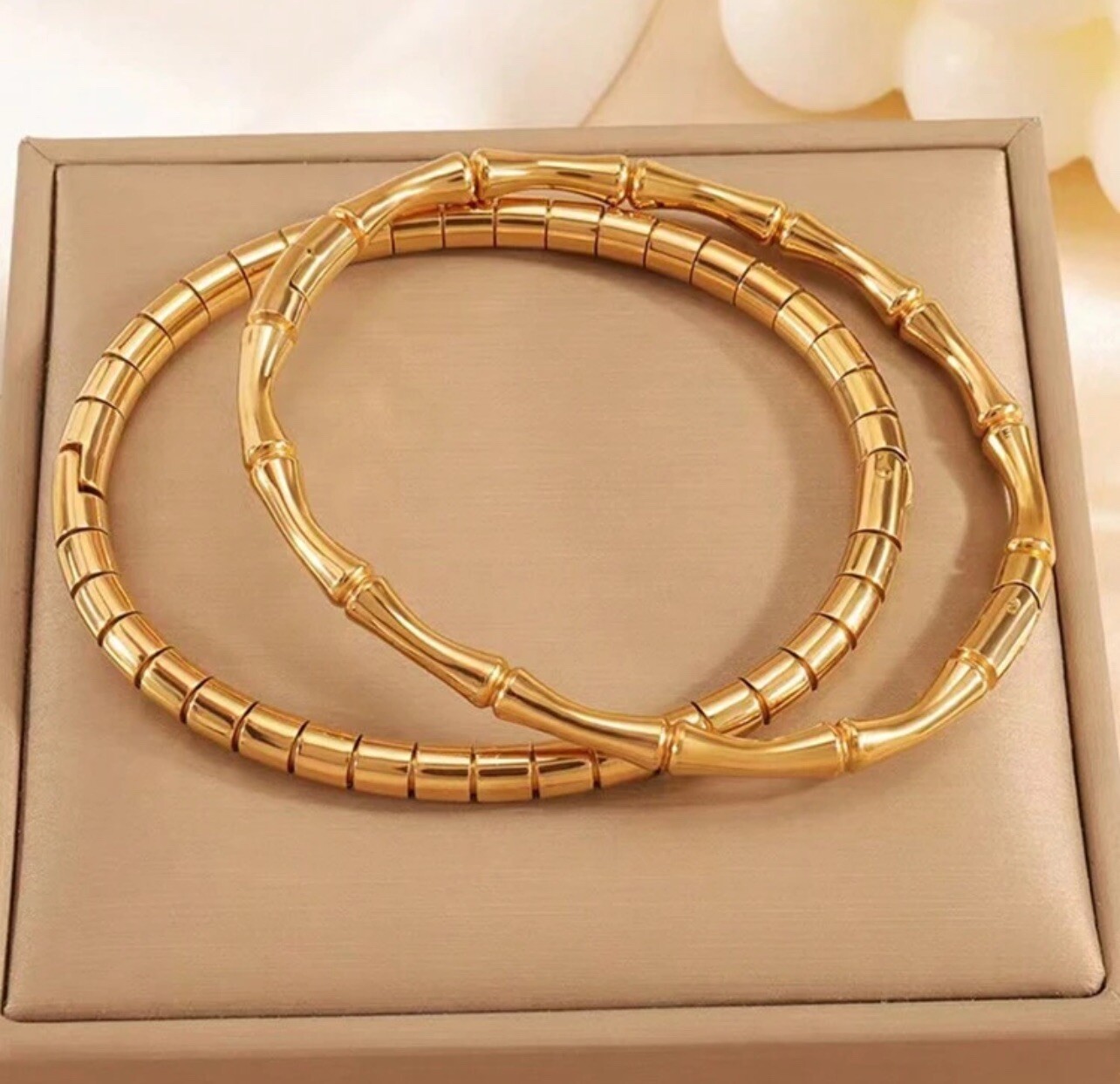 Bracelet bambou doré acier tendance jonc rigide pour look bohème chic