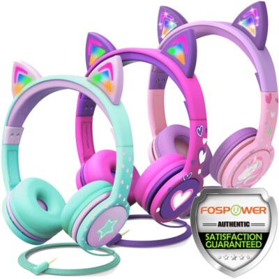 Kids 3.5mm Headphone Earphone On Ear Wired LED Cat Ears Stereo Headsets for Girl