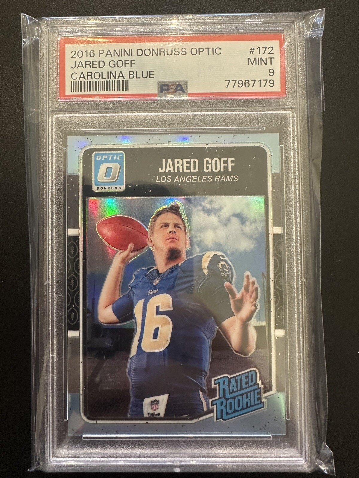 2016 Optic Jared Goff Carolina Blue Holo Prizm /50 Rated Rookie #172 PSA 9🔥🔥!