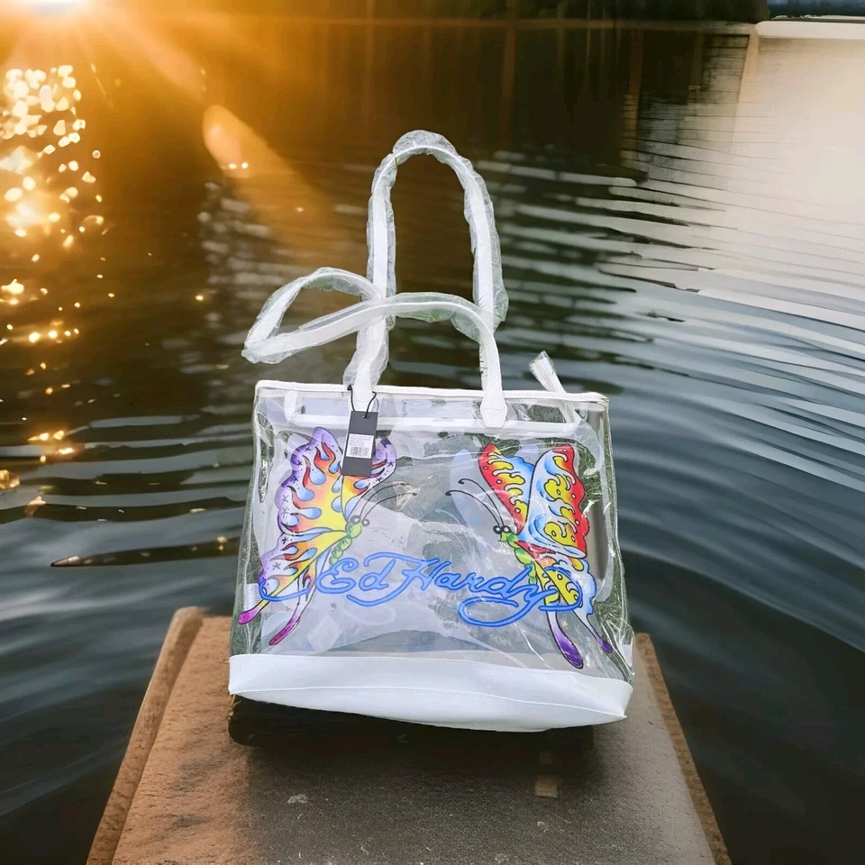 Bolso de Hombro Ed Hardy PVC PÚRPURA MARIPOSA Boho Cartera Transparente Nuevo con Etiquetas Precio de venta sugerido por el fabricante $159 Foto 2 de 4