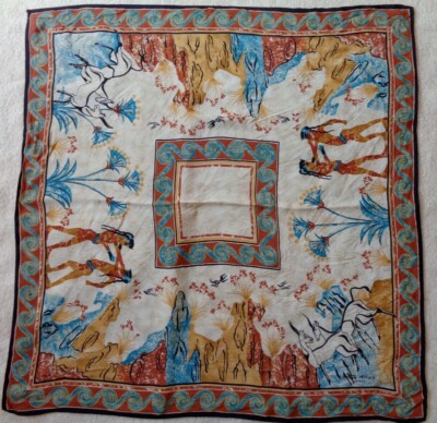 Foulard En Soie Vintage - 90x90 Cm - Couleurs Bleu Et Marron - Occasion Très Bon état