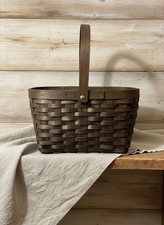 Longaberger Dark Brown Woven Basket Wooden Ha...