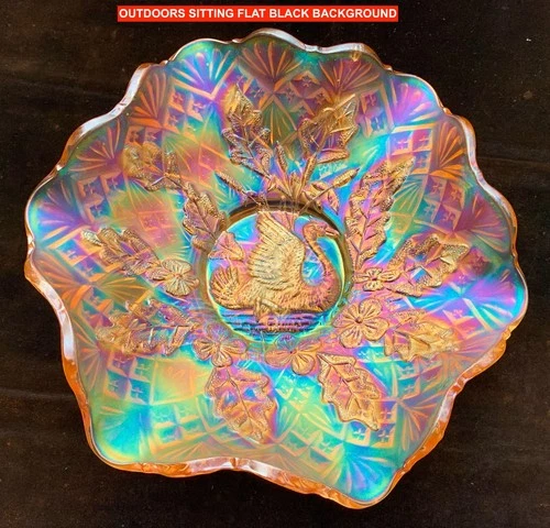 MILLERSBURG SATIN MG CARNIVAL GLASS “NESTING SWAN” 10” BOWL – SUPER NICE!