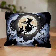 Enchanted forest witch with black cat on Broomstick and full moon cosmetic bag