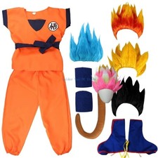 Anime Goku Gi Costume Set Wig Tail Wrist Kids Adults Halloween Carnival Outfit