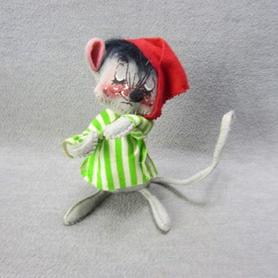 Annalee Christmas Sleepy Mouse 6'' Felt Doll Red Nightcap Green Stripe Pajamas VT